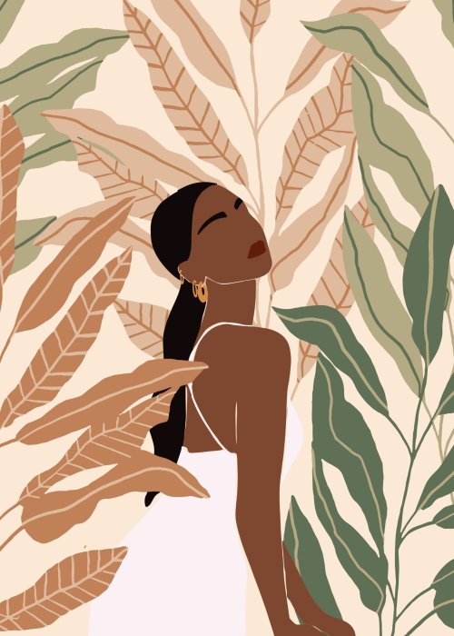 Poster Frau zwischen großen tropischen Blättern Illustration