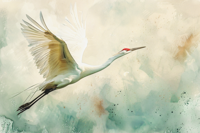 Poster Crane in Flight - bird painted in watercolor on a greenish textured background
