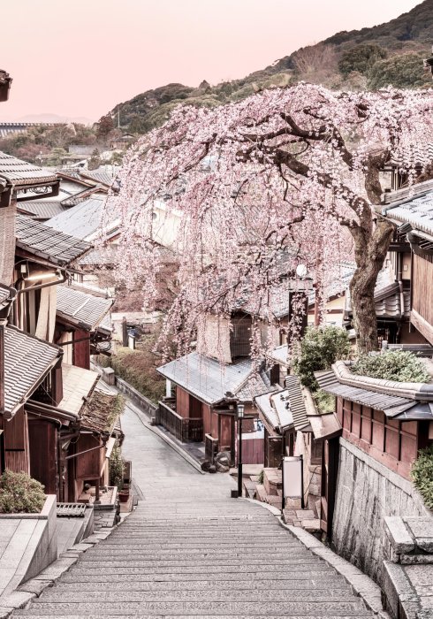 Poster Kyoto-Landschaft japanische Stadt bei Sonnenuntergang