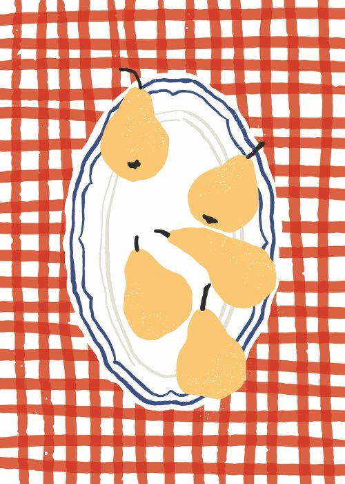 Poster Moderne Illustration einer Birne auf rotem Karohintergrund