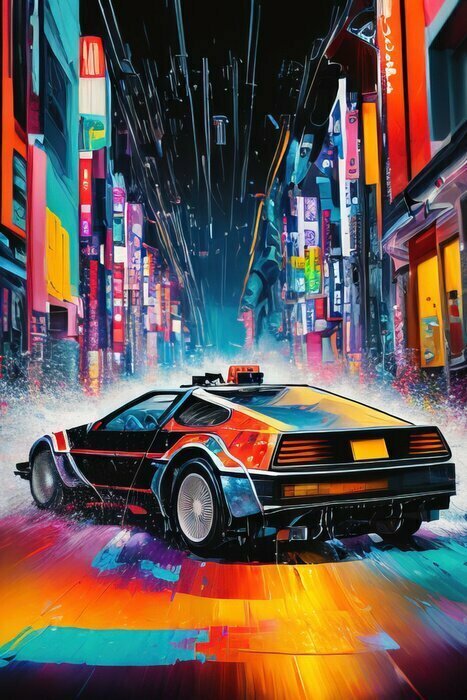 Poster Cartoonauto in een neonstad