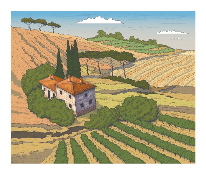 Poster Geïllustreerd landschap van het Toscaanse platteland in Italië
