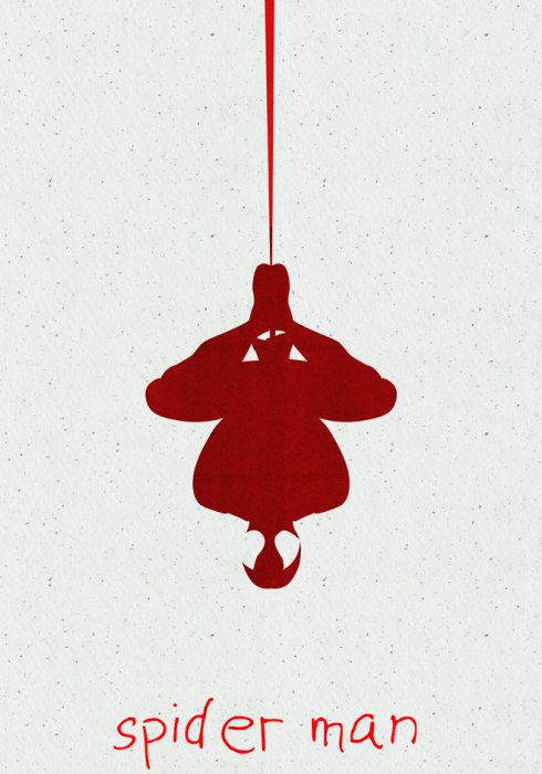 Poster Het opschrift Spider-Man en de omtrek van een rode figuur op een lichte achtergrond.