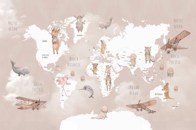 Fotobehang Wereldkaart met motieven van vliegtuigen en wilde dieren