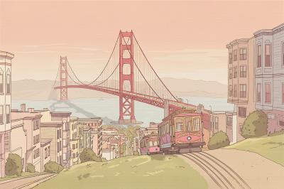 Fotobehang Pastelillustratie van de Golden Gate en de San Francisco Streetcar