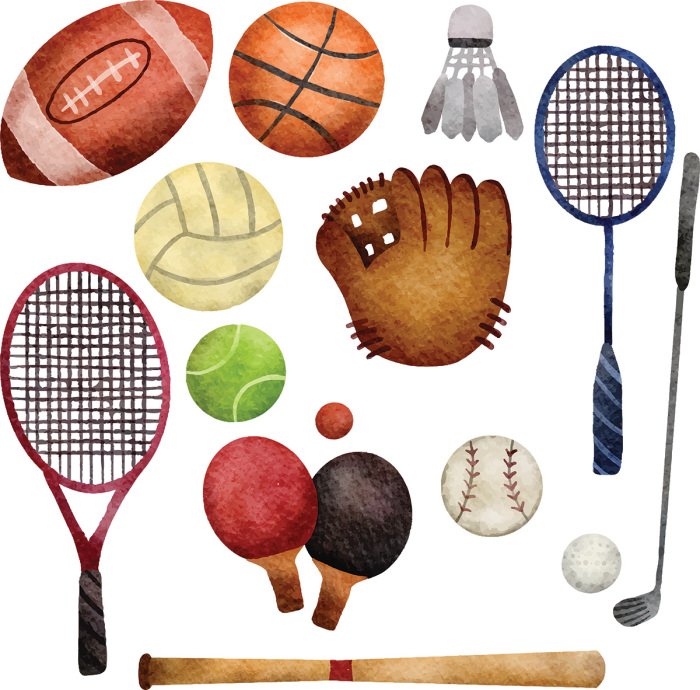 Sticker Aquarel afbeeldingen van sportuitrusting.