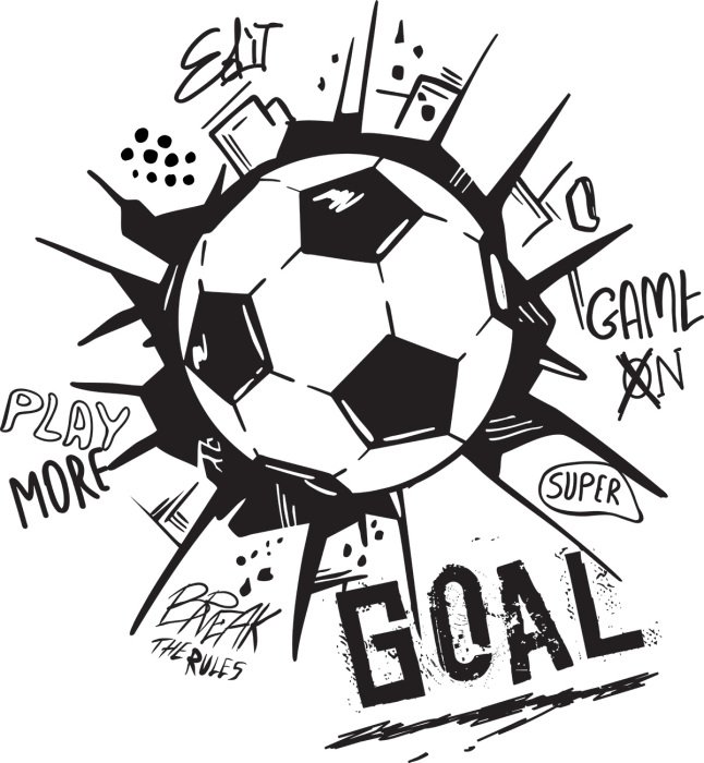 Sticker Voetbal in graffitistijl met opschriften in zwart-witpatroon.