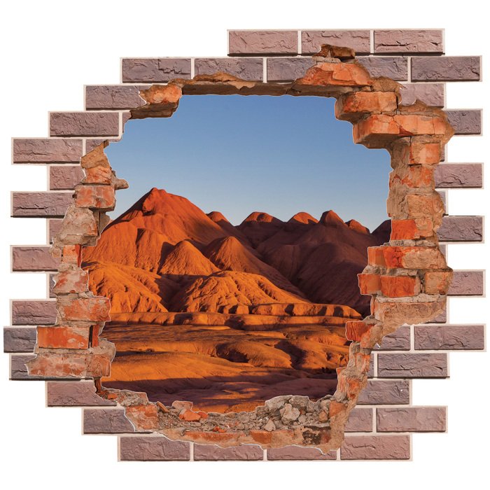 Sticker 3D-gat in een bakstenen muur met uitzicht op een woestijnlandschap