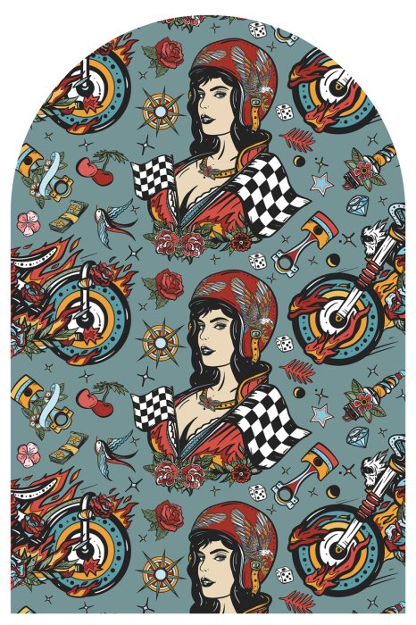 Sticker Een klassiek patroon van een vrouw met een helm en motorfietsen.