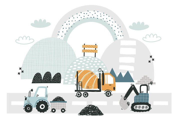 Sticker Bouwvoertuigen tegen een regenboogachtergrond - illustratie voor kinderen