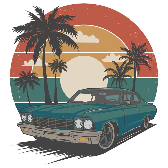 Sticker Een auto in retrostijl met een zonsondergang en palmbomen op de achtergrond.
