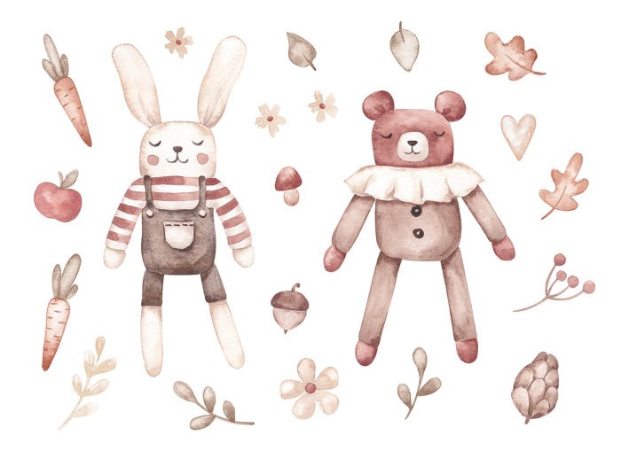 Sticker Aquarel konijntje en teddybeer in herfstkleuren