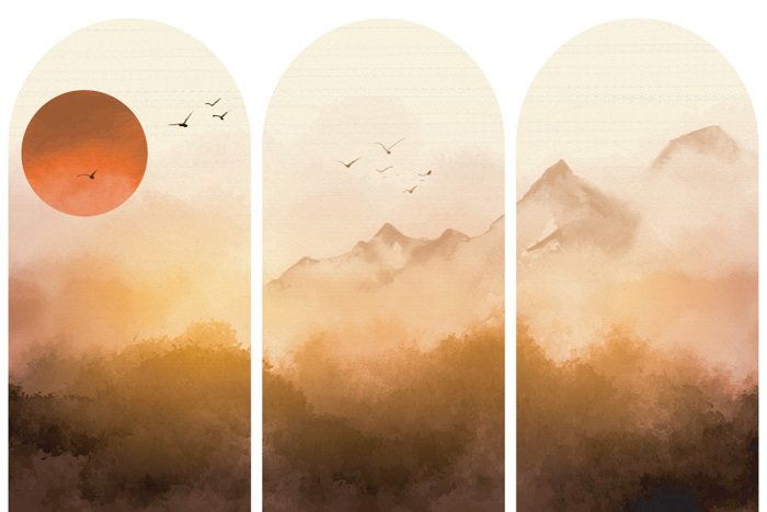 Sticker Aquarel berglandschap bij zonsondergang