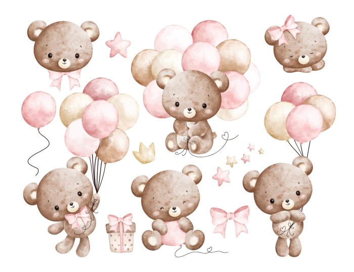 Sticker Aquarel teddyberen en roze ballonnen