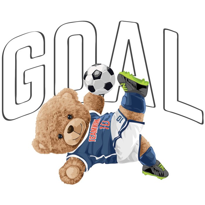 Sticker Een teddybeer in een voetbaltenue met een voetbal.