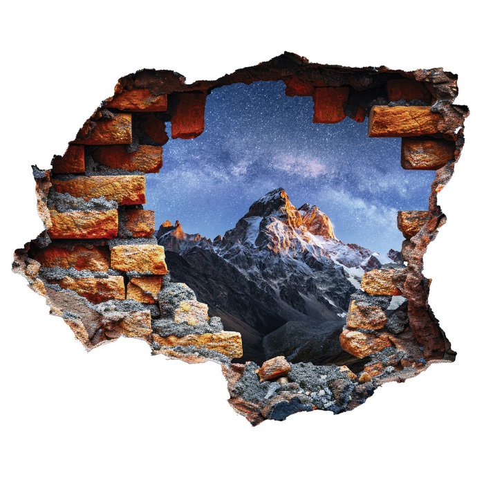 Sticker Uitzicht op een bergtop door een opening in een 3D-muur.