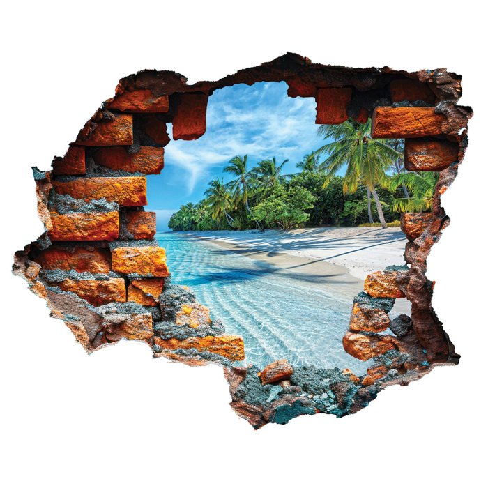 Sticker 3D-gat in de muur met uitzicht op een tropisch landschap