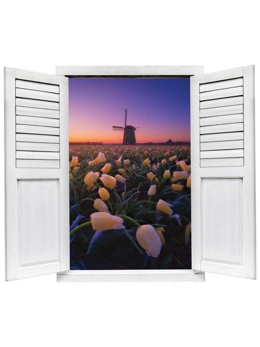 Sticker Een veld vol gele tulpen en een windmolen bij zonsondergang.