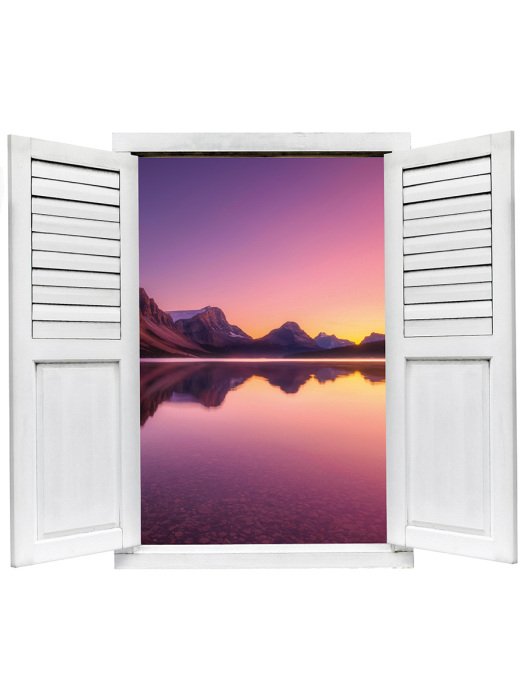 Sticker Uitzicht vanuit het raam op het meer bij zonsondergang.