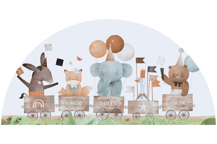 Sticker Aquarelpatroon van dieren in een circustrein