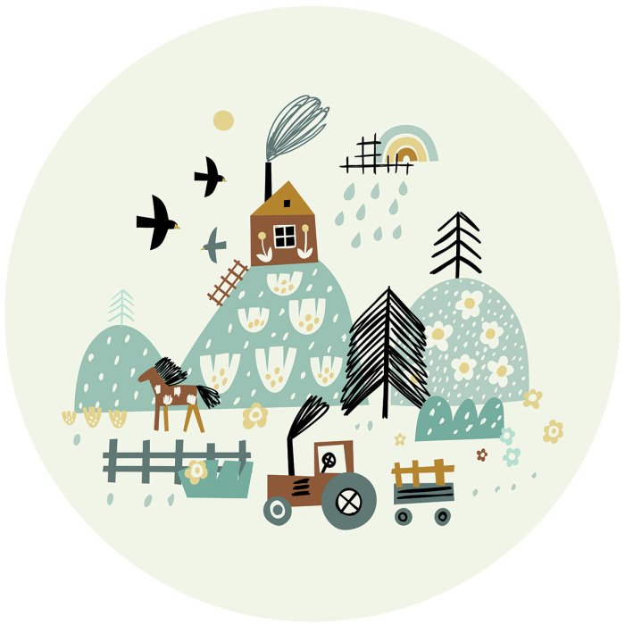 Sticker Een tractor tegen de achtergrond van een sprookjesachtig landschap.