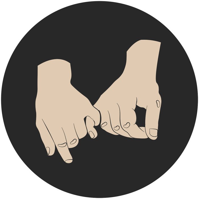 Sticker Ineengevlochten handen met een beloftesymbool op een zwarte achtergrond.