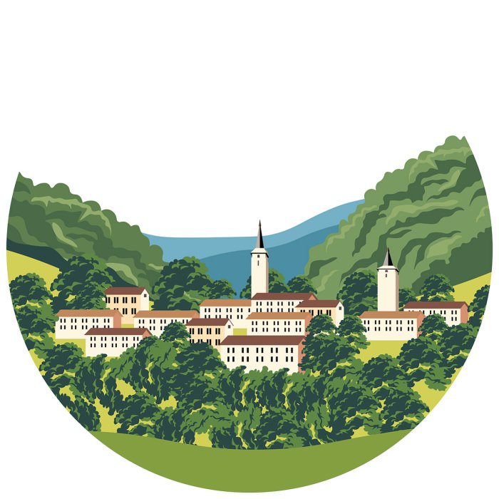 Sticker Landschap van een pittoresk dorpje gelegen in een vallei.