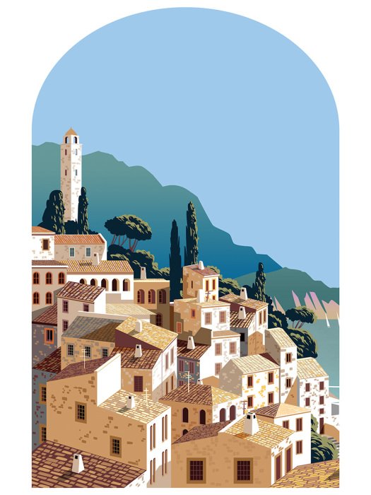 Sticker Uitzicht op een Mediterraan dorp aan de kust.