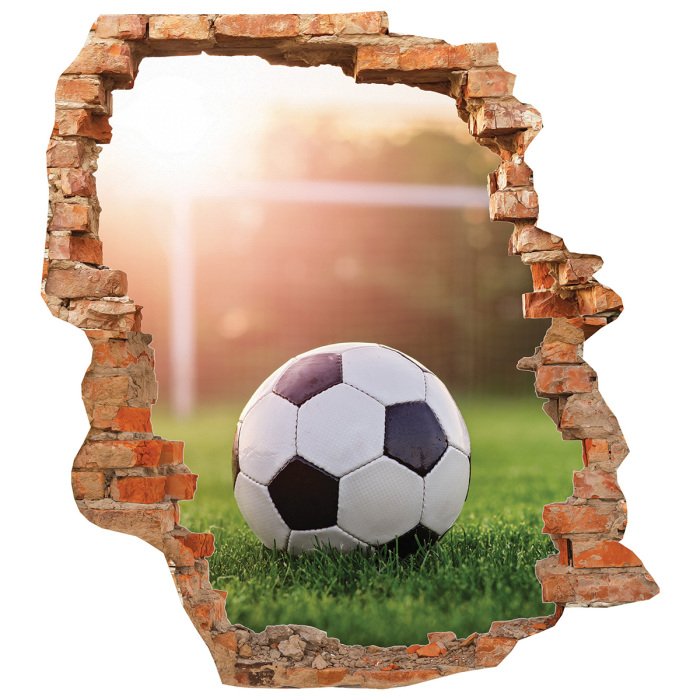 Sticker 3D-gat in de bakstenen muur met een voetbalmotief