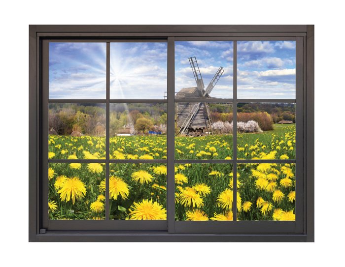 Sticker Een veld vol paardenbloemen met een windmolen, gezien vanuit het raam.