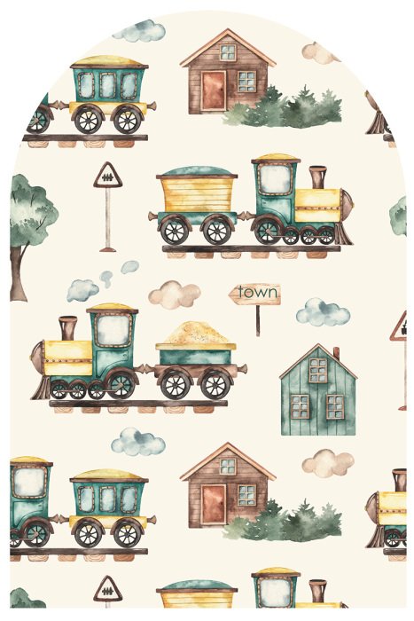 Sticker Aquarelpatroon voor kinderen - treinen en huizen