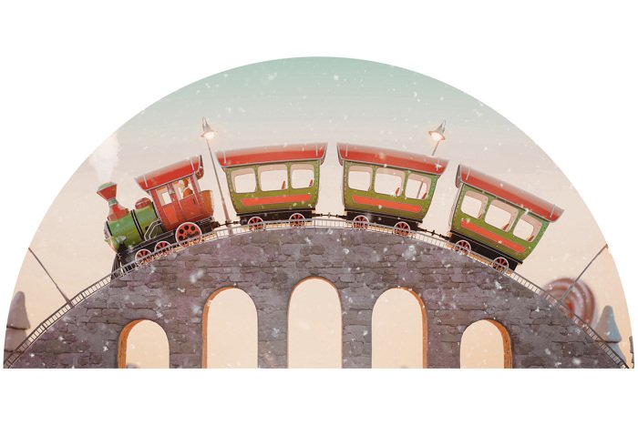 Sticker Een sprookjesachtige trein op een stenen viaduct.