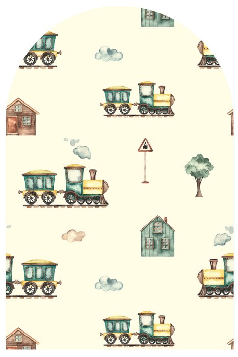 Sticker Een patroon met een motief van vintage locomotieven en huizen.