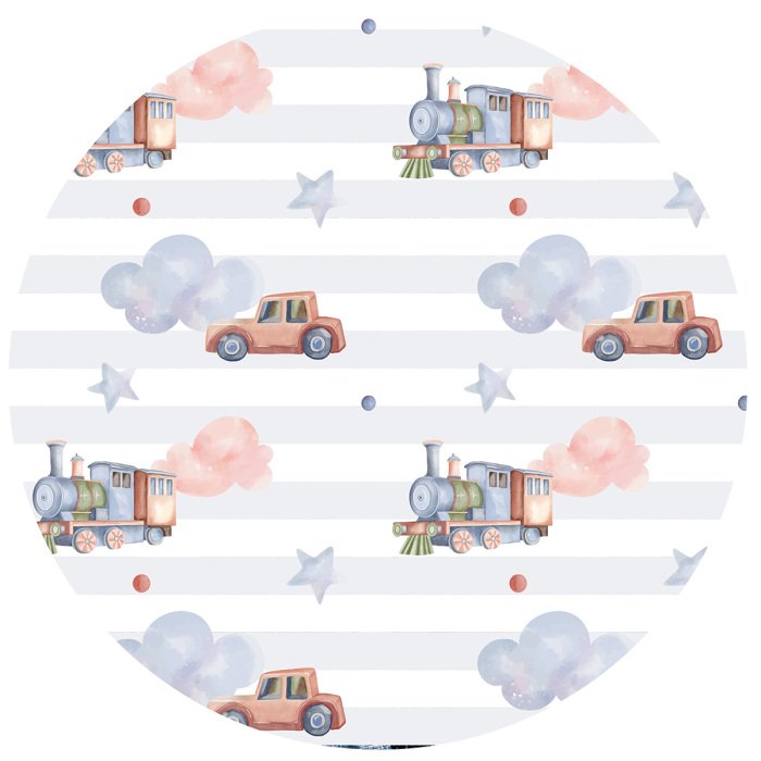 Sticker Aquarelpatroon met auto's en een locomotief.