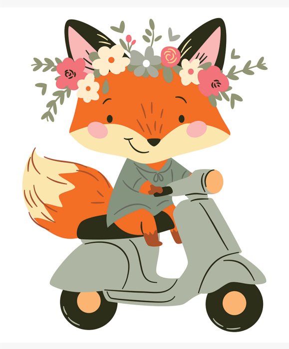 Sticker Vos op een scooter patroon voor kinderen