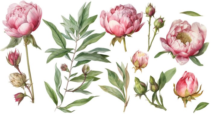 Sticker Aquarel bloemen, pioenrozen in bloei