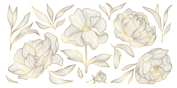 Sticker Abstracte gouden bloemen, pioenrozen en bladeren