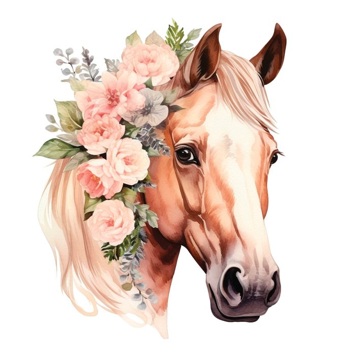 Sticker Aquarelportret van een paard, versierd met roze bloemen en bladeren.