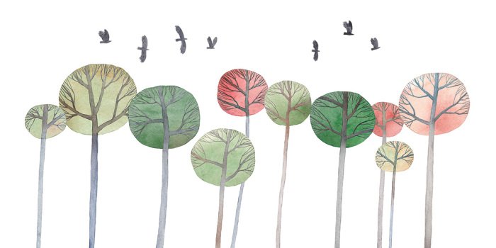 Sticker Bomen en vogels in aquarelstijl