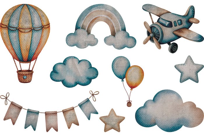 Sticker Retro aquarel ballon, vliegtuig, wolken en sterren