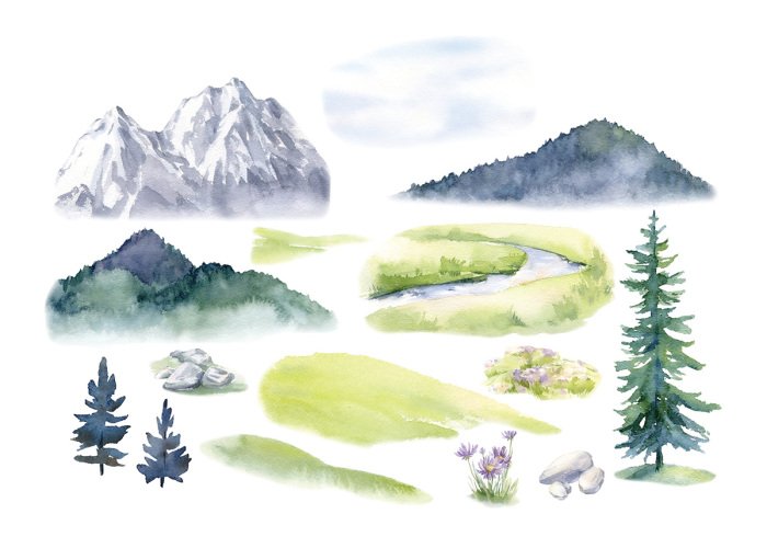 Sticker Bergen en bomen in aquarelstijl