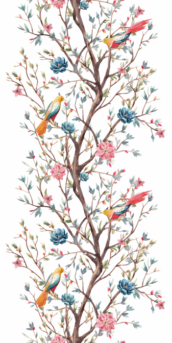 Behang Een boomtak met bloemen en vogels