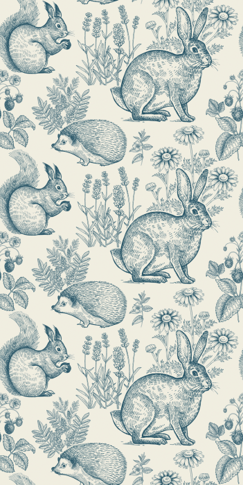 Behang Pastelillustratie van konijnen tussen bloemen