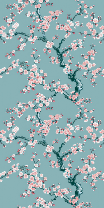 Behang Japans patroon met bloemen aan takken.