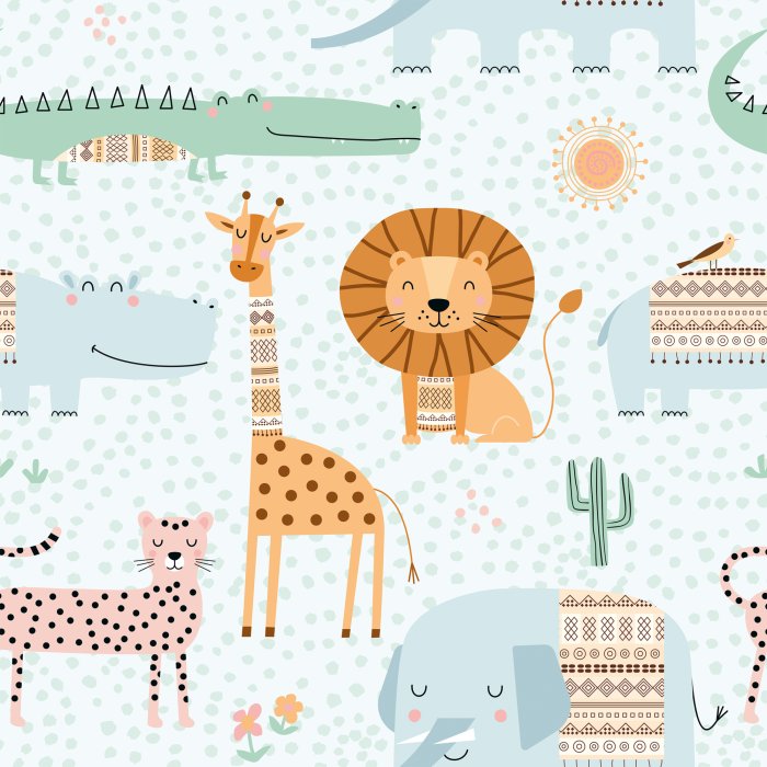 Behang Een patroon voor kinderen met schattige Afrikaanse dieren.