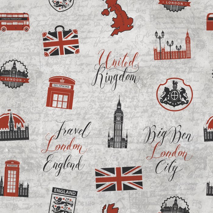 Behang Een patroon met Britse symbolen op een grijze achtergrond.