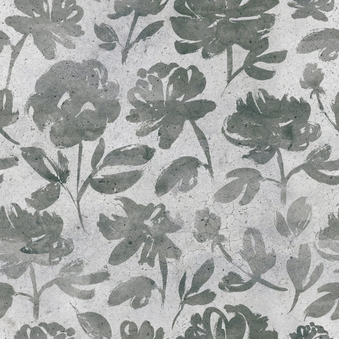 Behang Grijs bloemenpatroon met betontextuur