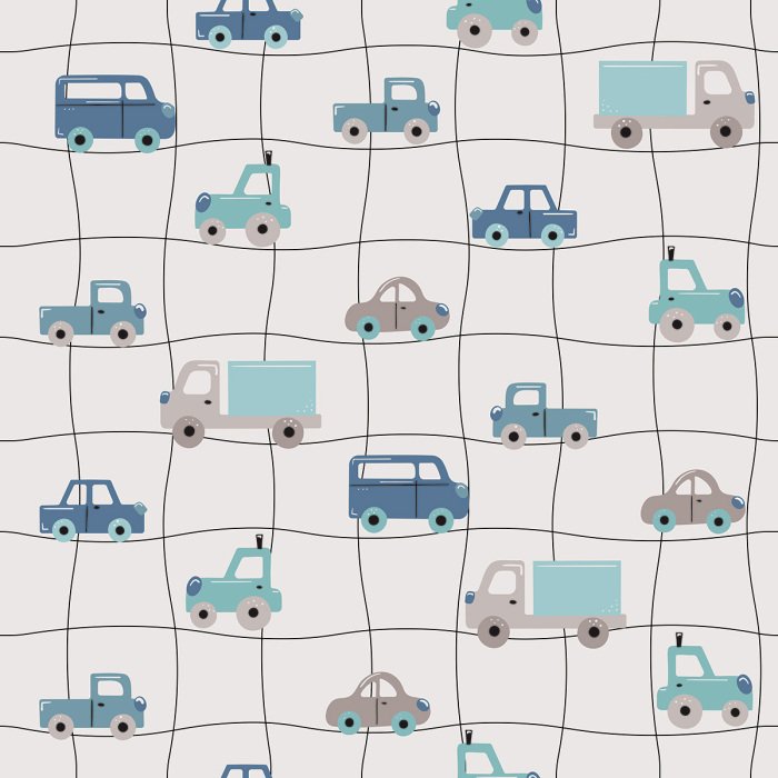 Behang Blauwe auto's op een geblokte achtergrond.