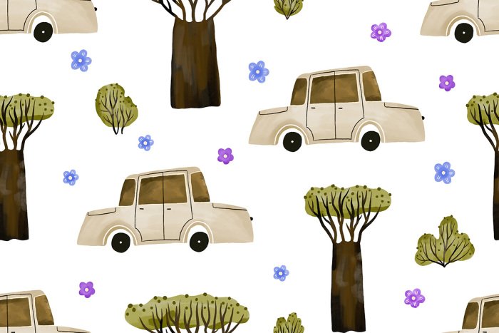 Behang Vintage beige auto's en bomen in aquarel-stijl