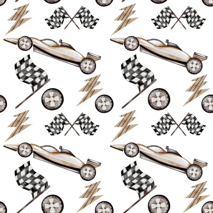 Behang Racewagens en vlaggen in aquarelstijl.